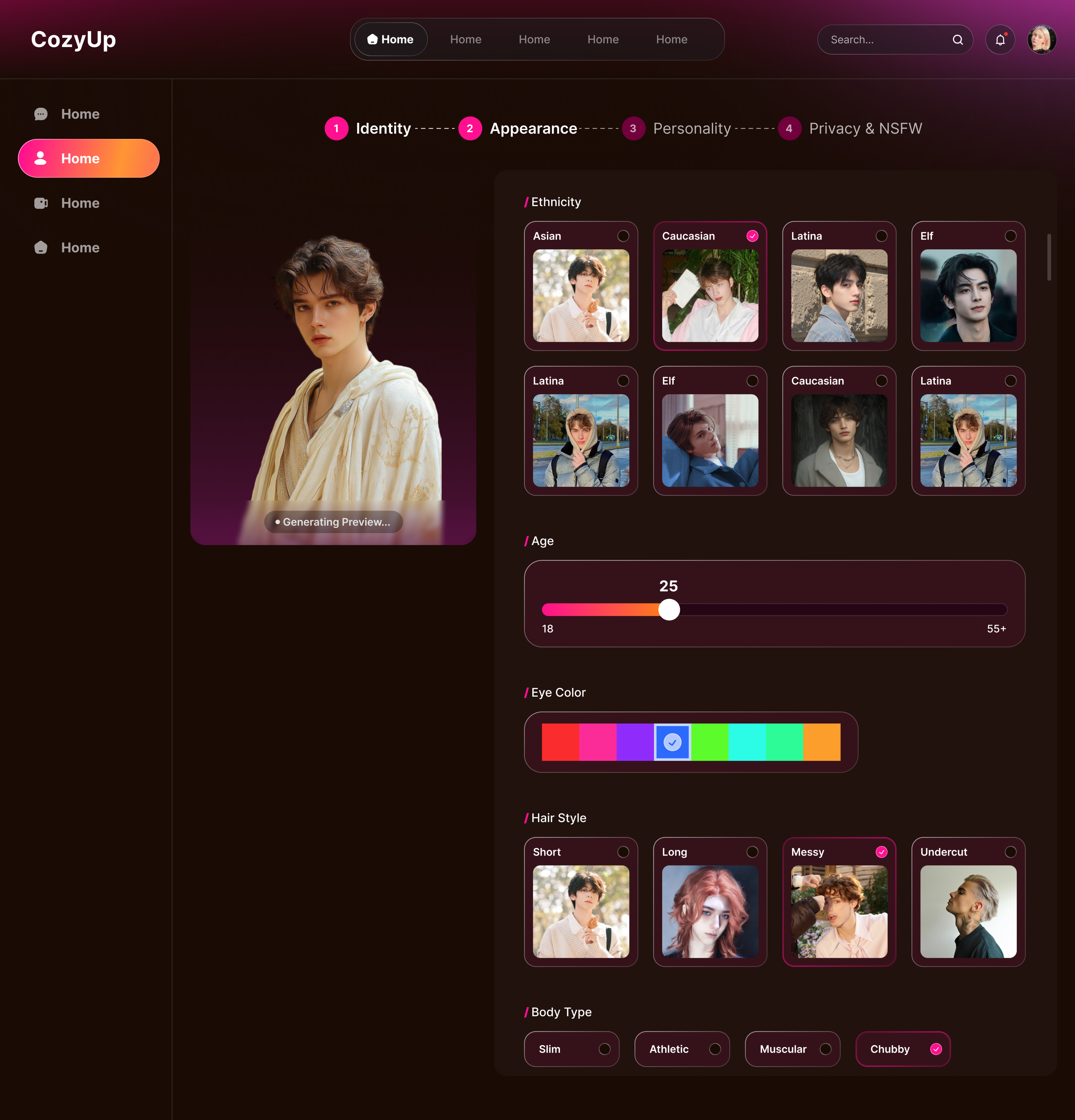 CozyUp character creator interface