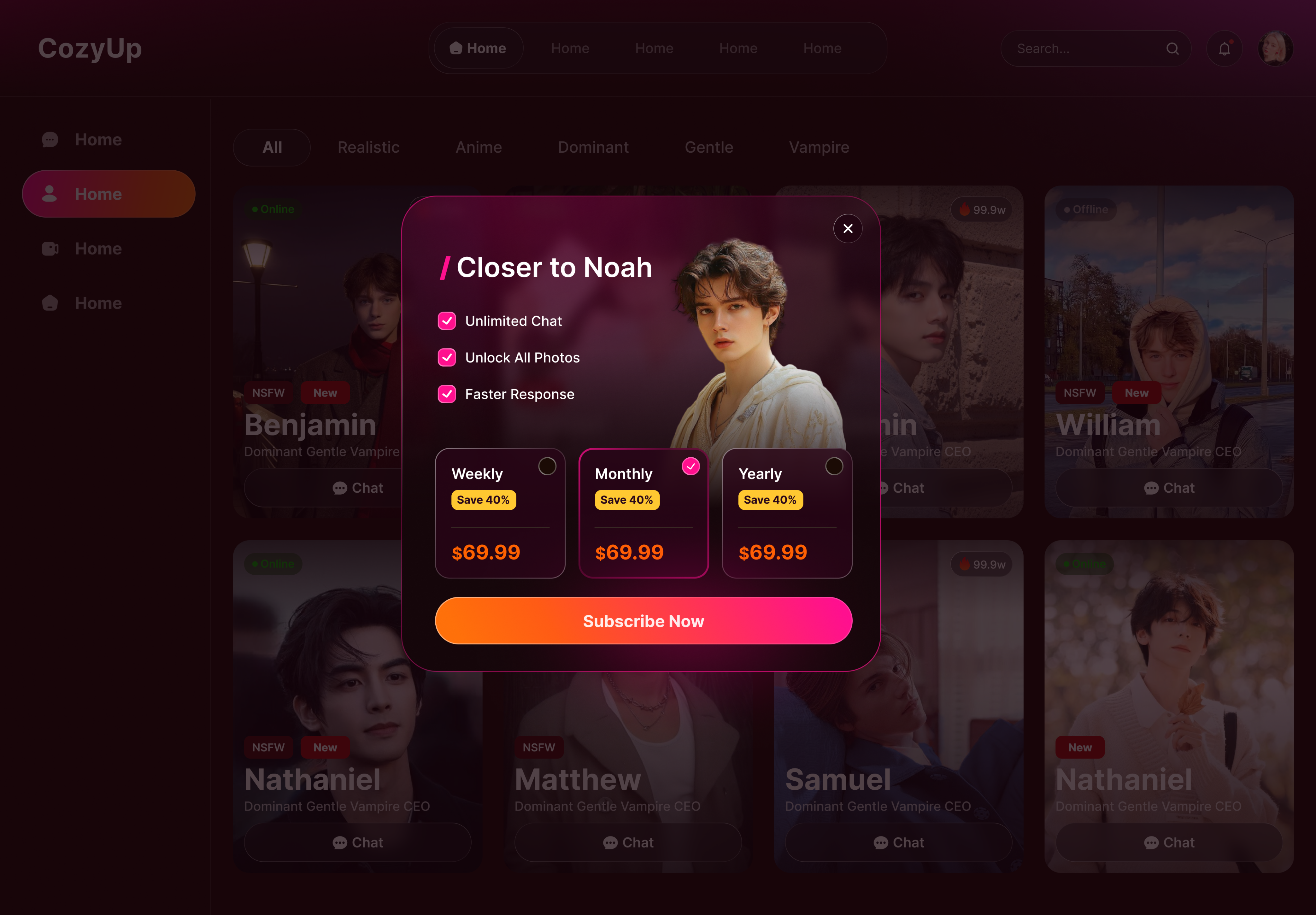 CozyUp membership paywall interface