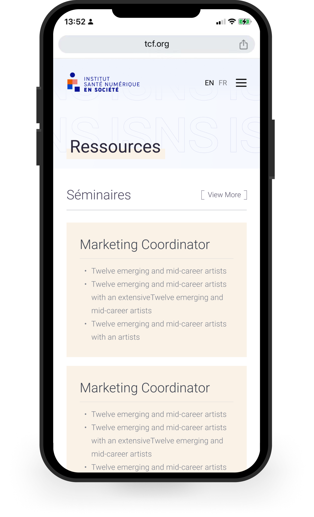 ISNS resources mobile interface shown on a phone