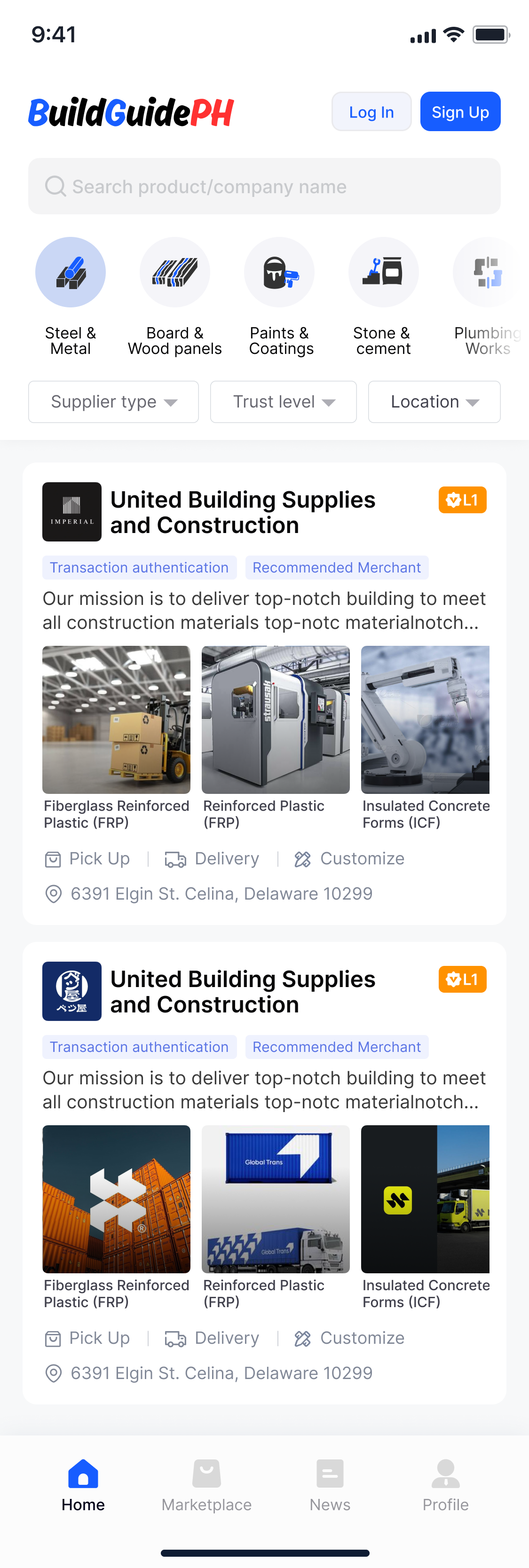 Building materials marketplace home page