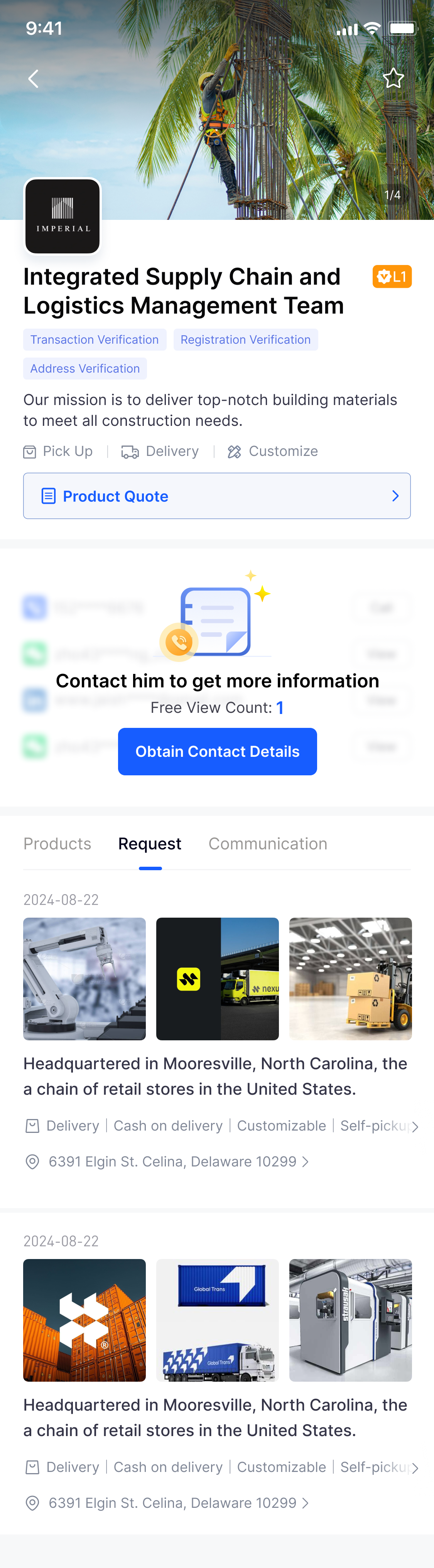 Building materials marketplace company profile page